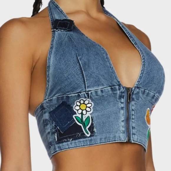 NWT Dolls Kill Current Mood Denim Halter Top with Floral Patches - Picture 6 of 8